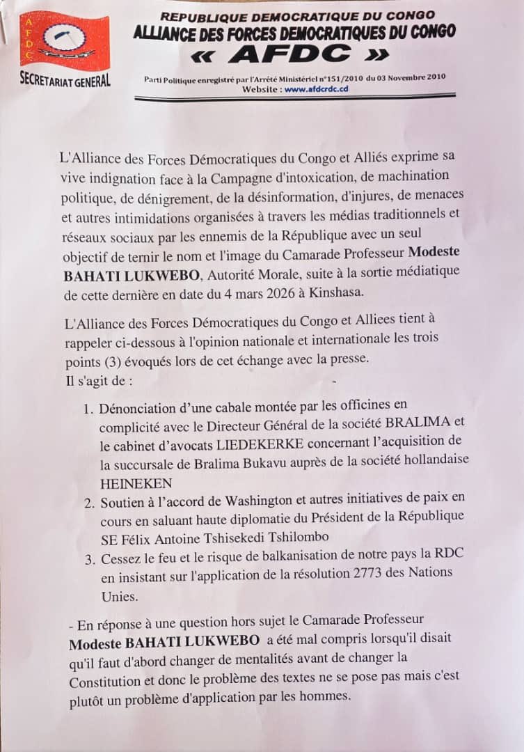 RDC : L’AFDC-A dénonce des pressions contre Modeste Bahati et réaffirme sa loyauté au chef de l'État